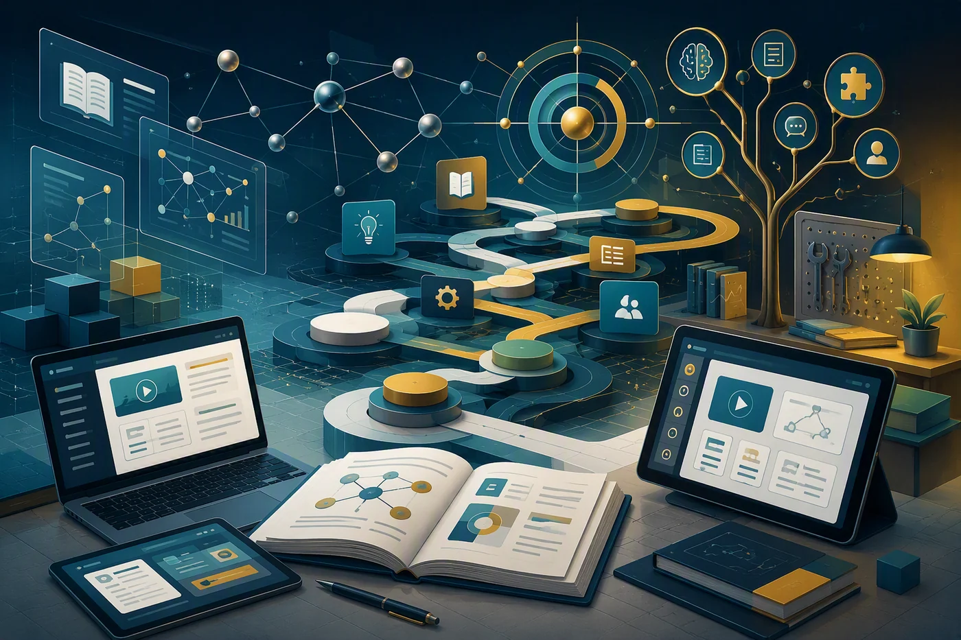 Illustration vernetzter Bereiche aus Energietechnik, digitalem Lernen, Daten und Organisation